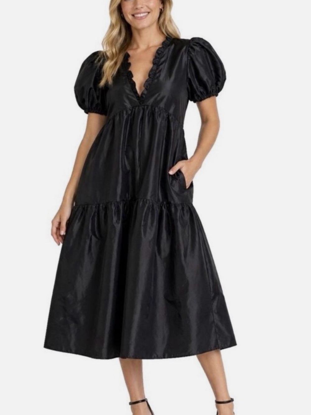 NWOT Kika Vargas X Target Black Puff-Sleeve V-Neck Tiered Midi Dress